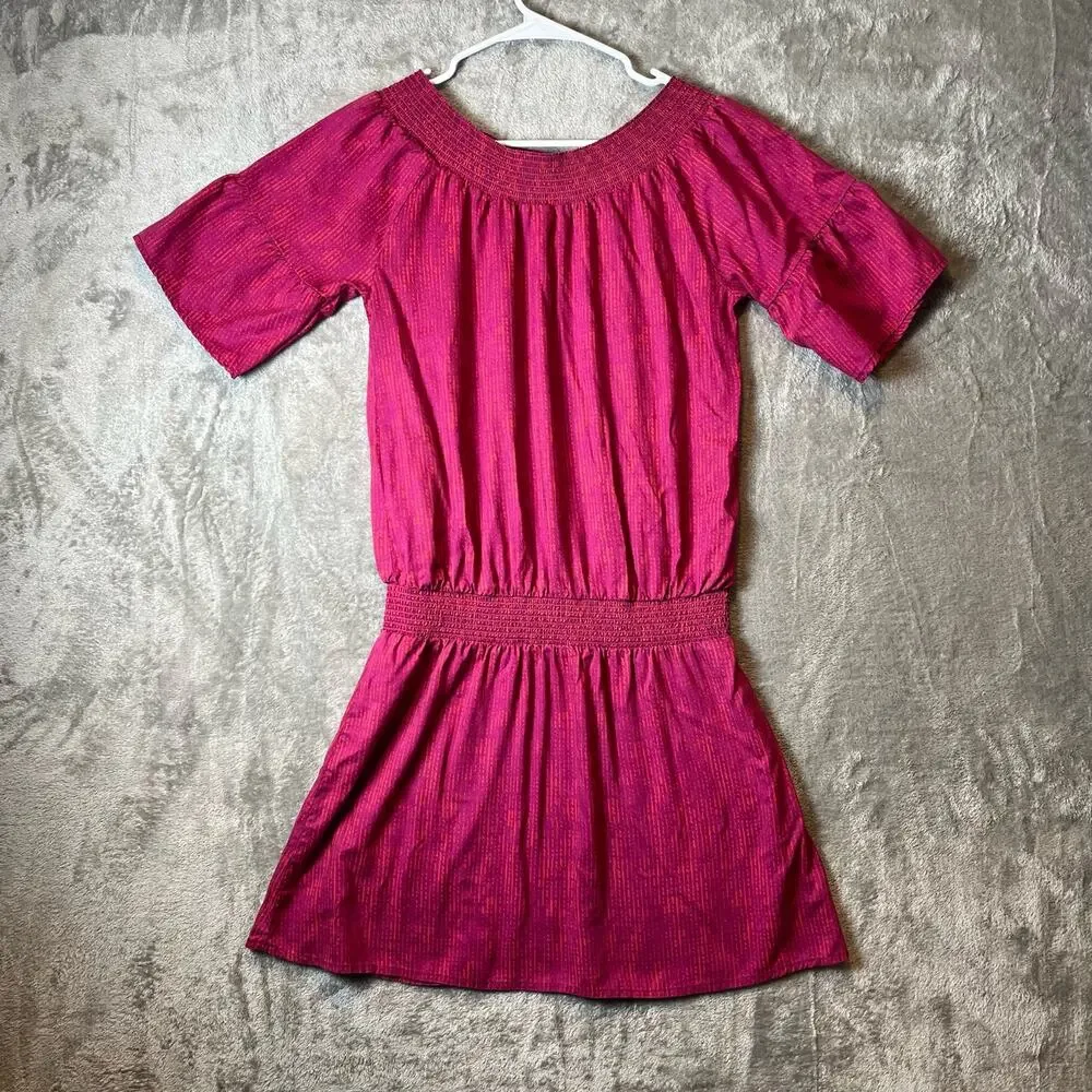 prAna Sz Small Lenora Off-Shoulder Drop Waist Dress Pink‎ & Purple Sprinkle